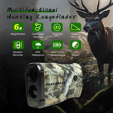 Range Finder For Huntin Up To 1400 Yards With 6X Magnification, Angle Compensation, Height Readout, Vibration Resistant Build For Tree Stand Bow Huntin And Rifle Shots, Delivers True Horizontal Distance On Slopes. camo hunting rangefinder with deer backdrop
