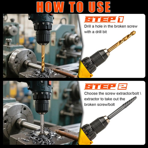 Damaged Screw Extractor Set With Left Hand Drill Bits being used to remove broken bolts in a workshop setting
