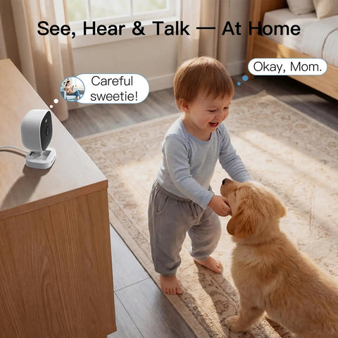 Indoor setup of two-pack 2.5K indoor outdoor security cams with color night vision and two-way audio for baby and pet monitoring.