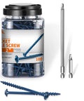 Blue Coated Hardened Steel Pocket Hole Screws Set, 100 Pieces, Number 8 By 2 Inches with bits on display