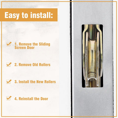 Installation guide for 4 Pack Heavy Duty Stainless Steel Sliding Screen Door Rollers 1 Inch Smooth Glide with spring loaded arm.