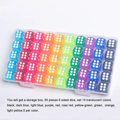 Cool 50 Piece Dice Set With 14mm Colorful 6 Sided Dice For Board Games Family Game Night Math Learning And Classroom Use Durable Acrylic With Rounded Edges And Comes With A Storage Box.