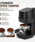 58mm Automatic Electric Espresso Tamper Delivers Game Changing Consistency For Home Baristas With Adjustable Pressure and No Sweat Coffee Prep That Guarantees Top Shelf Shots Daily with coffee grounds in portafilter.