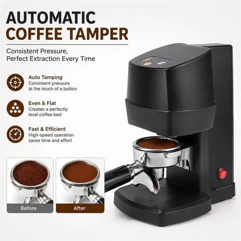 58mm Automatic Electric Espresso Tamper Delivers Game Changing Consistency For Home Baristas With Adjustable Pressure and No Sweat Coffee Prep That Guarantees Top Shelf Shots Daily with coffee grounds in portafilter.