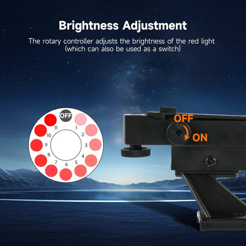 Brightness adjustment dial on Red Dot Finder Scope For Astronomical Telescopes Reflex Viewfinder Compatible With Celestron 80EQ SE SLT PS Series Meade Infinity Polaris Series LED Dot Projection On Nonmagnifying Window For Quick Targeting Two Hole Mounting