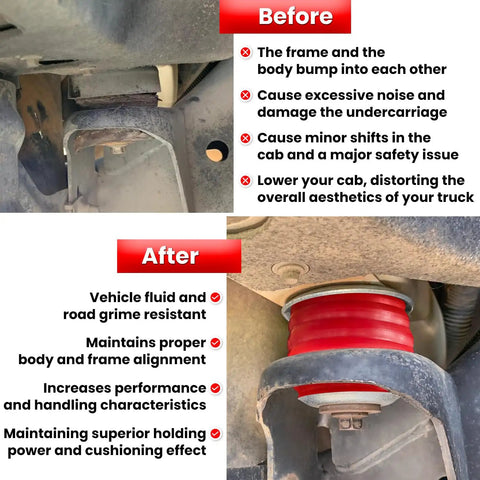 F Series Body Mount Bushing Kit With Polyurethane Cushions Steel Sleeves And Hardware For 1999 2007 Ford F250 F350 Super Duty 2WD 4WD cab mount before after