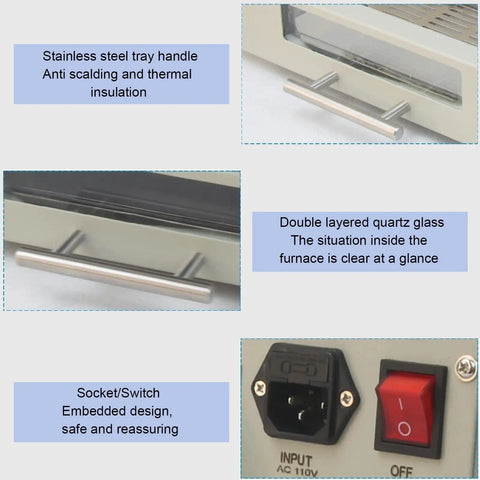Stainless steel handle, quartz glass, and switch details of 800W Reflow Oven And T962 Reflow Soldering Station
