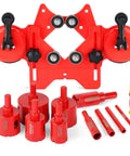 Front view of WORKEASE 11-piece red diamond hole saw kit with suction-guide jig and tile drill bits