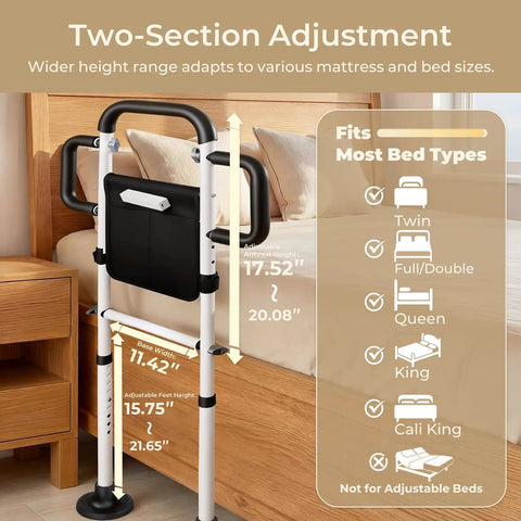 Adjustable Heavy Duty Bed Rail For Seniors With Motion Sensor Light Showing Heights For Twin To Cali King Size Beds