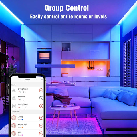 Smart Zigbee Multicolor LED Light Strip 2M Kit With RGBW illuminating living room with Alexa and Google Assistant control app
