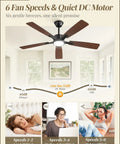 Slick 52 Inch Ceiling Fan With Flat Out Bright Light Smart App Control Dimmable Lamps Smooth Color Temperature Adjustment Sleek Black Finish For Lazy Weekend Chill Vibes showcased with six speeds and DC motor.