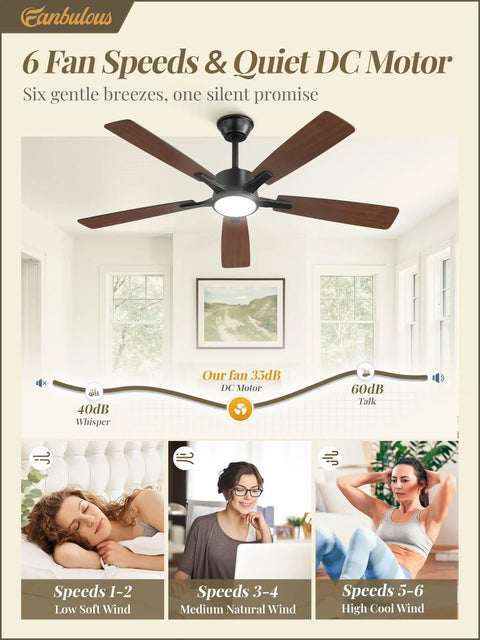 Slick 52 Inch Ceiling Fan With Flat Out Bright Light Smart App Control Dimmable Lamps Smooth Color Temperature Adjustment Sleek Black Finish For Lazy Weekend Chill Vibes showcased with six speeds and DC motor.