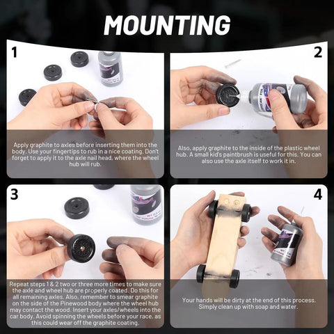 Step-by-step instructions showing how to apply graphite lubricant to Derby Car Kit With Eight Pinewood Axles And 40ml Graphite Lubricant Powder For Smoother Spins and installation.