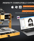 LUNYEE 3018 PRO MAX CNC router, orange all-metal frame, 300x180x80 mm working area, shown with laptop
