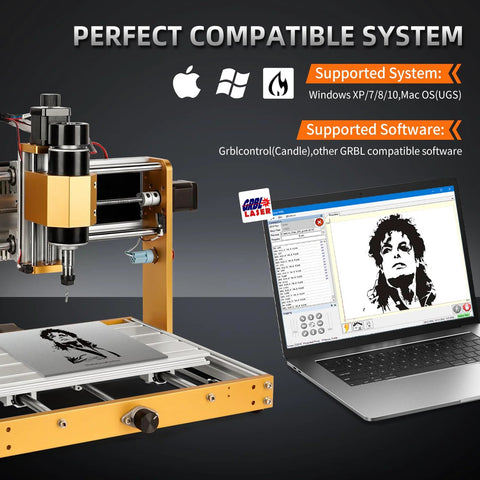 LUNYEE 3018 PRO MAX CNC router, orange all-metal frame, 300x180x80 mm working area, shown with laptop