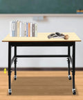 Heavy Duty Rolling Workbench Adjustable Height Rock Solid Steel Base Durable Hardwood Top Smooth Glide Casters Tool Cart For Garage Workshop Home Flex Setup with books, magazine, and coffee cup on top.