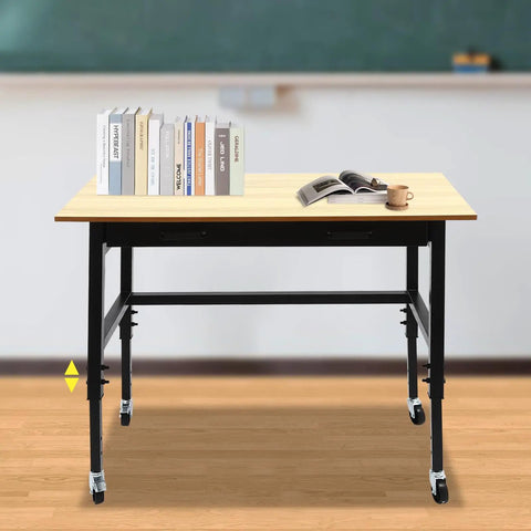 Heavy Duty Rolling Workbench Adjustable Height Rock Solid Steel Base Durable Hardwood Top Smooth Glide Casters Tool Cart For Garage Workshop Home Flex Setup with books, magazine, and coffee cup on top.