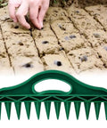 8 In 1 Hand Held Seed Spreader And Planter Tool With Fertilizer Dispenser Seed Hole Maker Seed Spacer And Adjustable Depth Control for Garden use, with green spikes and handle.