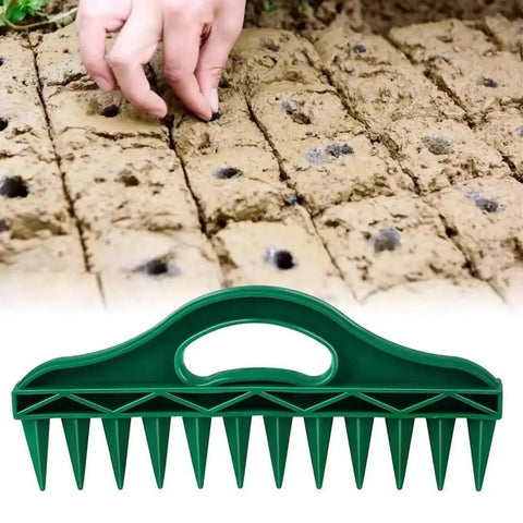 8 In 1 Hand Held Seed Spreader And Planter Tool With Fertilizer Dispenser Seed Hole Maker Seed Spacer And Adjustable Depth Control for Garden use, with green spikes and handle.