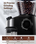 Real Deal Flat Burr Coffee Bean Grinder Built Rock Solid With 32 Crisp Grind Settings And 40 Second Timer For Drip Pour Over French Press Cold Brew And Espresso. Close-up of grind settings dial and coffee beans.