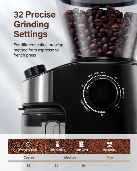 Real Deal Flat Burr Coffee Bean Grinder Built Rock Solid With 32 Crisp Grind Settings And 40 Second Timer For Drip Pour Over French Press Cold Brew And Espresso. Close-up of grind settings dial and coffee beans.