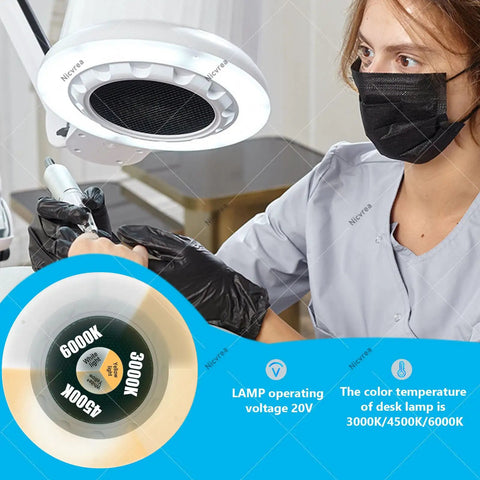Technician using 80W Pro Grade Nail Dust Collector With Adjustable Suction And Built In Lighting, wearing mask and gloves.