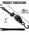 No Sweat Hauling Self Retracting Ratchet Straps 1500 Lb Break Strength 2 Pack, showing 10 ft length and 1 in width dimensions.