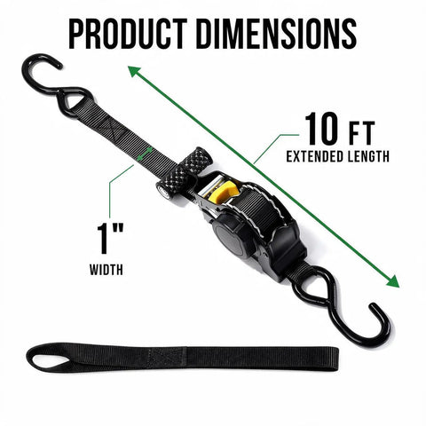 No Sweat Hauling Self Retracting Ratchet Straps 1500 Lb Break Strength 2 Pack, showing 10 ft length and 1 in width dimensions.