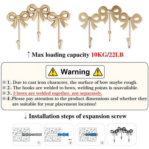 Installation guide for Three Bow Antique Gold Wall Hook Set Cast Iron Wall Mounted Hangers For Coats Bags Towels And Decor