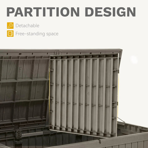 Beefy 220 Gallon Outdoor Deck Storage Box With Removable Divider, waterproof resin chest shown open with partition design