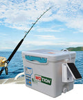 Solar Powered Pond Aerator Pump Kit With Dual Charging Options beside fishing gear near ocean