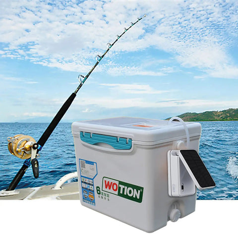 Solar Powered Pond Aerator Pump Kit With Dual Charging Options beside fishing gear near ocean