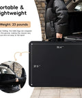 Person loading Foldable 6 Foot HDPE Table Go To Portable Banquet Surface Fold In Half Desk into car, dimensions shown