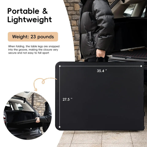 Person loading Foldable 6 Foot HDPE Table Go To Portable Banquet Surface Fold In Half Desk into car, dimensions shown