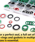 R134a AC O-ring gasket kit showing assorted O-rings and gaskets for air conditioning systems in various sizes and colors.