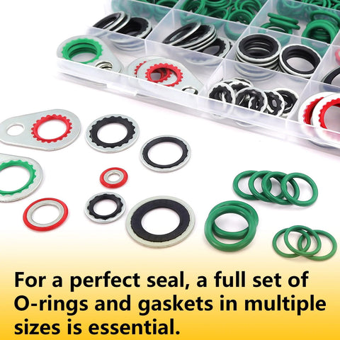R134a AC O-ring gasket kit showing assorted O-rings and gaskets for air conditioning systems in various sizes and colors.