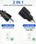 Heavy Duty Power Strip With 20 Amp Surge Protector And 12 Gauge Tough As Nails Wiring Featuring Eight Grounded Outlets Plus 10 Foot Extension Cord For Shop And Garage Builds With No Drama Manual Reset Overload Breaker, showing 20A and 15A compatible plugs.