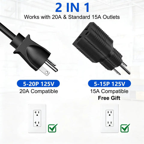 Heavy Duty Power Strip With 20 Amp Surge Protector And 12 Gauge Tough As Nails Wiring Featuring Eight Grounded Outlets Plus 10 Foot Extension Cord For Shop And Garage Builds With No Drama Manual Reset Overload Breaker, showing 20A and 15A compatible plugs.