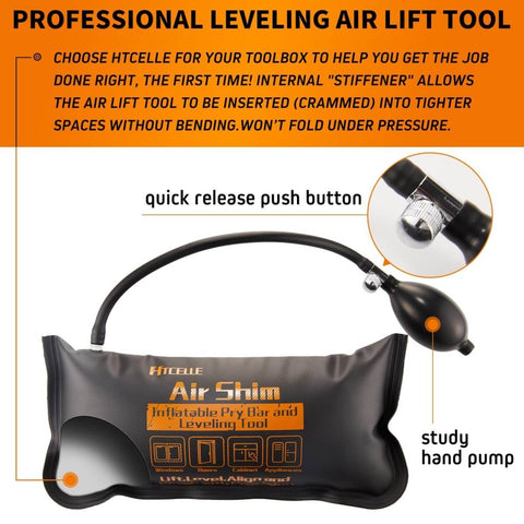 Front view of Three Piece Pro Grade Air Wedge Bag Kit With Pump And Alignment Tool Heavy Duty Inflatable Wedges for leveling