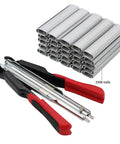 Spring Loaded Hog Ring Pliers Kit With 2500 Hog Rings For Fencing Chicken And Rabbit Cages Pet Enclosures Bag Seals And Car Interior Repairs Quick Install Pro Grade Heavy Duty Stainless Steel Tool Set, showing pliers and rings.
