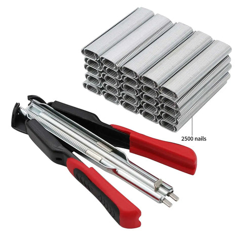 Spring Loaded Hog Ring Pliers Kit With 2500 Hog Rings For Fencing Chicken And Rabbit Cages Pet Enclosures Bag Seals And Car Interior Repairs Quick Install Pro Grade Heavy Duty Stainless Steel Tool Set, showing pliers and rings.