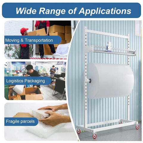 Heavy Duty Bubble Wrap Dispenser With Cutter And Adjustable Wide Roll Stand used in logistics packing with mobile base and cutter.