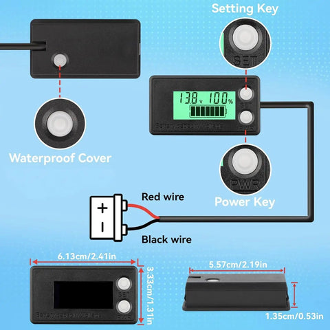 Waterproof Battery Monitor For 12V To 72V Systems With LCD Display And Green Backlight Voltage And Capacity Tester diagram.