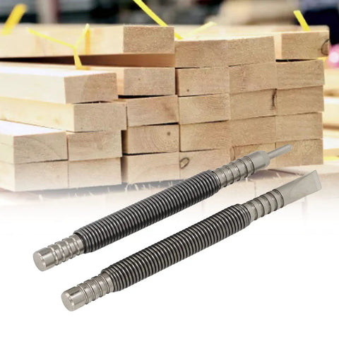 Hammerless Punch And Chisel Set With Spring Loaded Center Punch For No Hammer Needed Door Pin Removal In Tight Spaces tools and wood planks