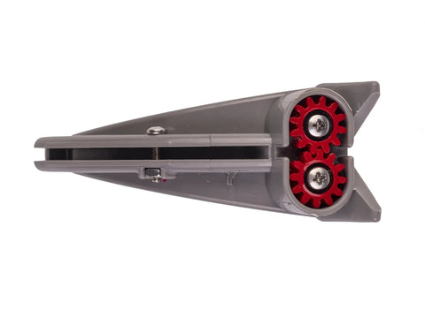 Level Up Your Setup With This Heavy Duty Taurus 3 Ring Saw Stabilizer, grey aluminum with red gears for improved grip and stability.