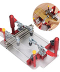 Heavy Duty Aluminum Rail Coping Sled For Router Table Pro Grade Adjustable From Zero To Forty Eight Millimeters And Clamps Up To One Hundred Forty Five Millimeters For Clean Ninety Degree Cuts On Doors Cabinets And Furniture, shown in use.