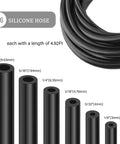 Silicone Vacuum Hose Kit With 6 Hoses Each 4.92 Feet And 64 Vacuum Line Connectors Total 70 Piece Set Universal Automotive Tubing In One Eighth To Three Eighths Inch Diameter DIY Set For Quick Repairs And Custom Vacuum Lines, showing six black hoses in varying diameters from 1/8 to 3/8 inches.