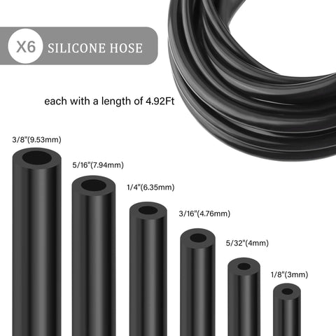 Silicone Vacuum Hose Kit With 6 Hoses Each 4.92 Feet And 64 Vacuum Line Connectors Total 70 Piece Set Universal Automotive Tubing In One Eighth To Three Eighths Inch Diameter DIY Set For Quick Repairs And Custom Vacuum Lines, showing six black hoses in varying diameters from 1/8 to 3/8 inches.