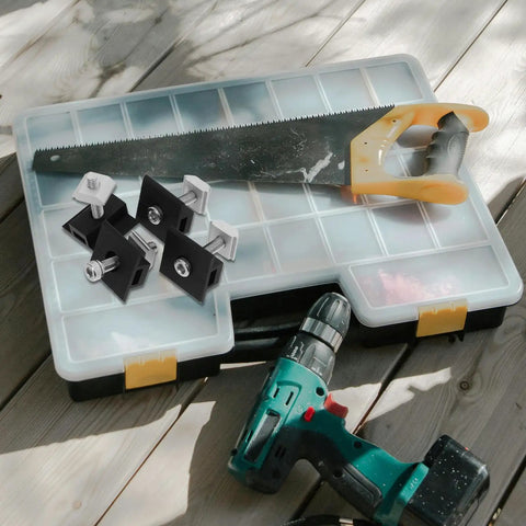 Premium 4 Piece Solar Panel Middle Clamps With M8 Bolts And Heavy Duty Pressure Blocks on a toolbox with a saw and drill.