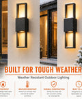 Modern Outdoor Wall Sconce 2 Pack, Up Down LED Light, 3000K, Hardwired, mounted in snowy weather on exterior wall.